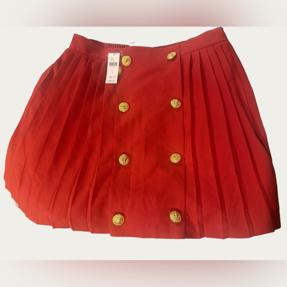 Hutch Salsa Red Pleated Mini Skirt with Gold Button-Front - Large